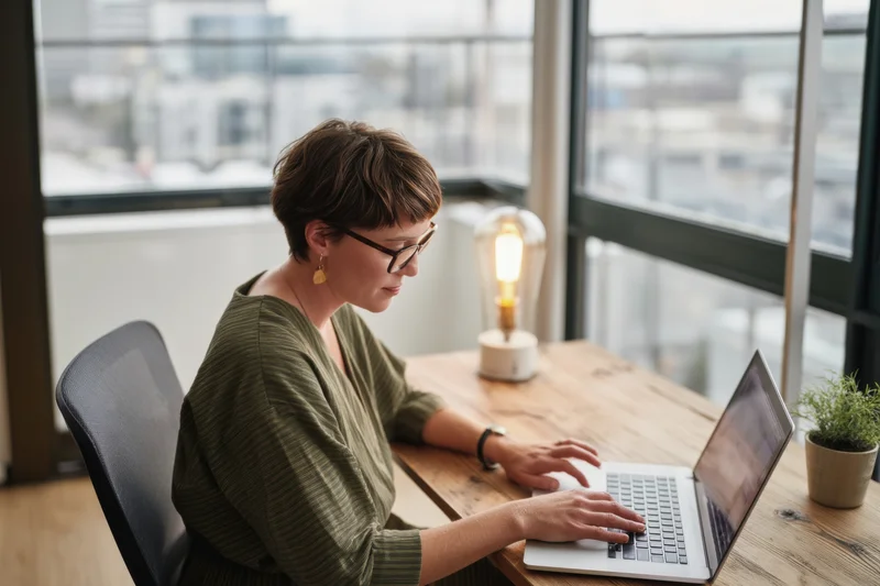 Woman typing on laptop at wooden desk by window in home office