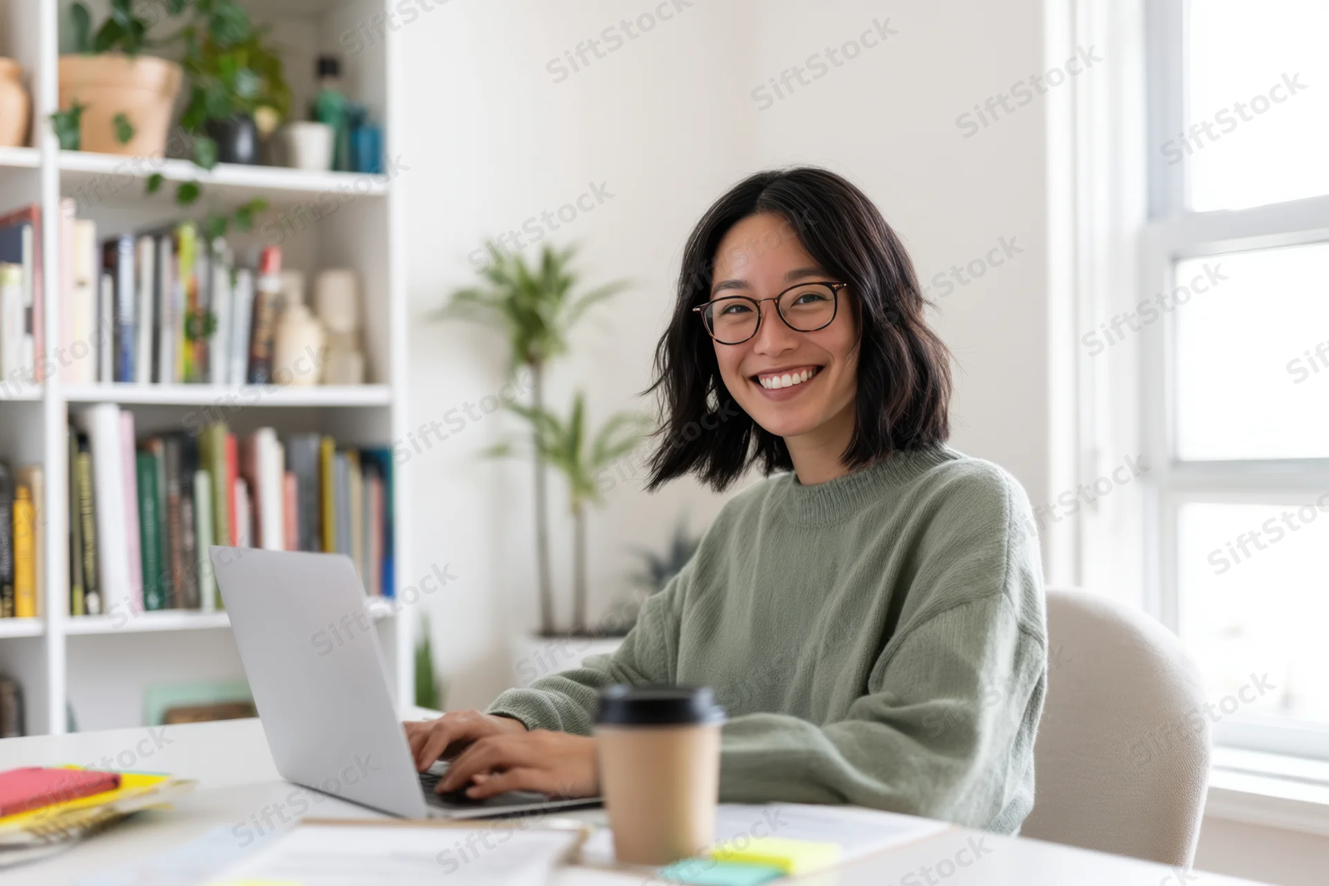 Smiling asian woman working on laptop at home office desk with coffee and books nearby