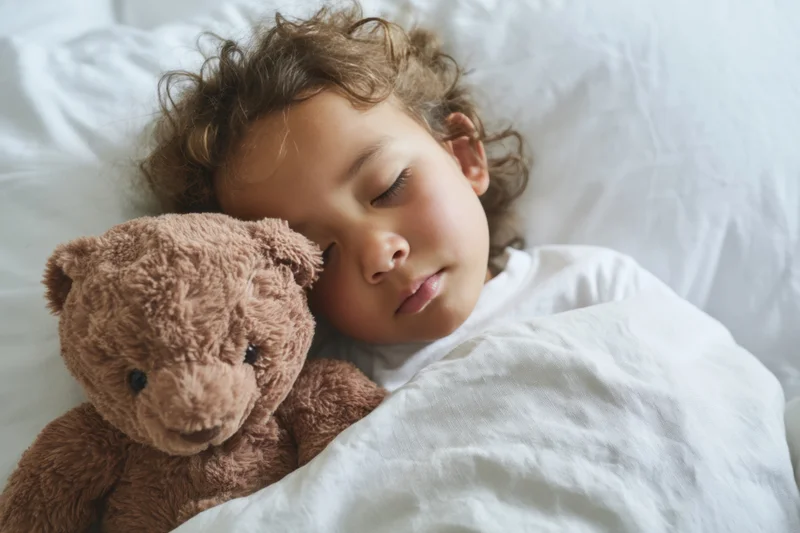Young child sleeping peacefully in white sheets cuddling a brown teddy bear