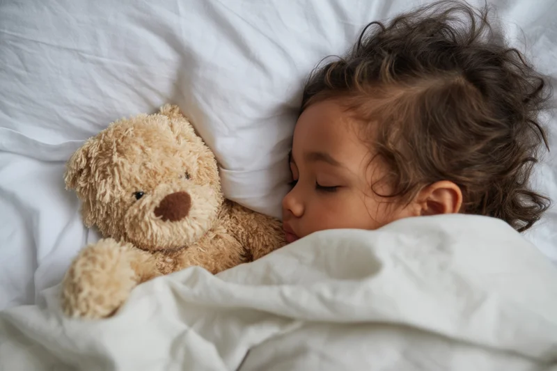 Young girl sleeping peacefully in white sheets cuddling a plush teddy bear