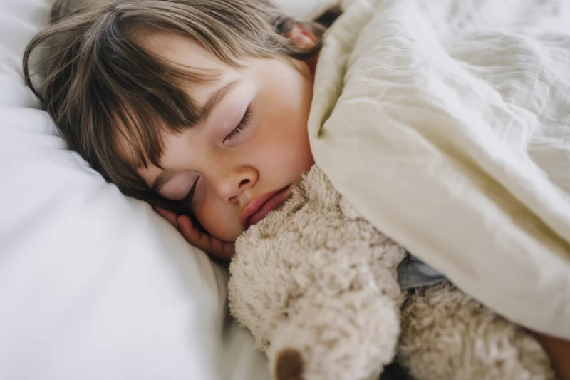 Young child sleeping peacefully in bed cuddling a teddy bear under white sheets