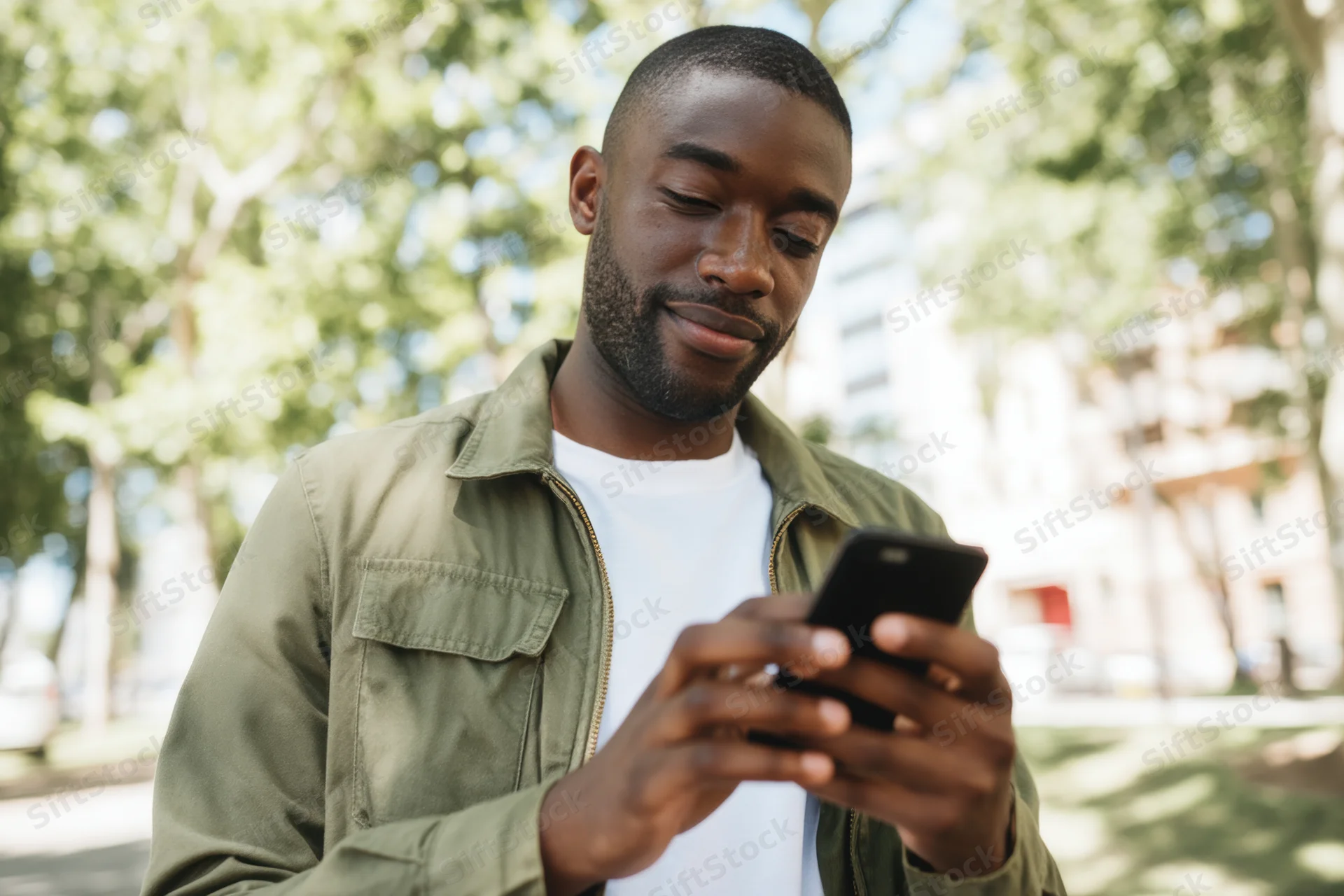 Young black man texting on smartphone in park with trees and sunlight