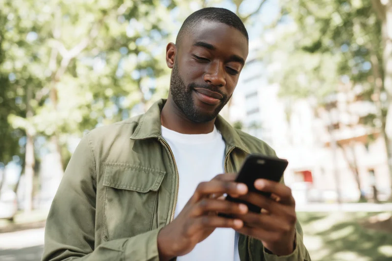 Young black man texting on smartphone in park with trees and sunlight