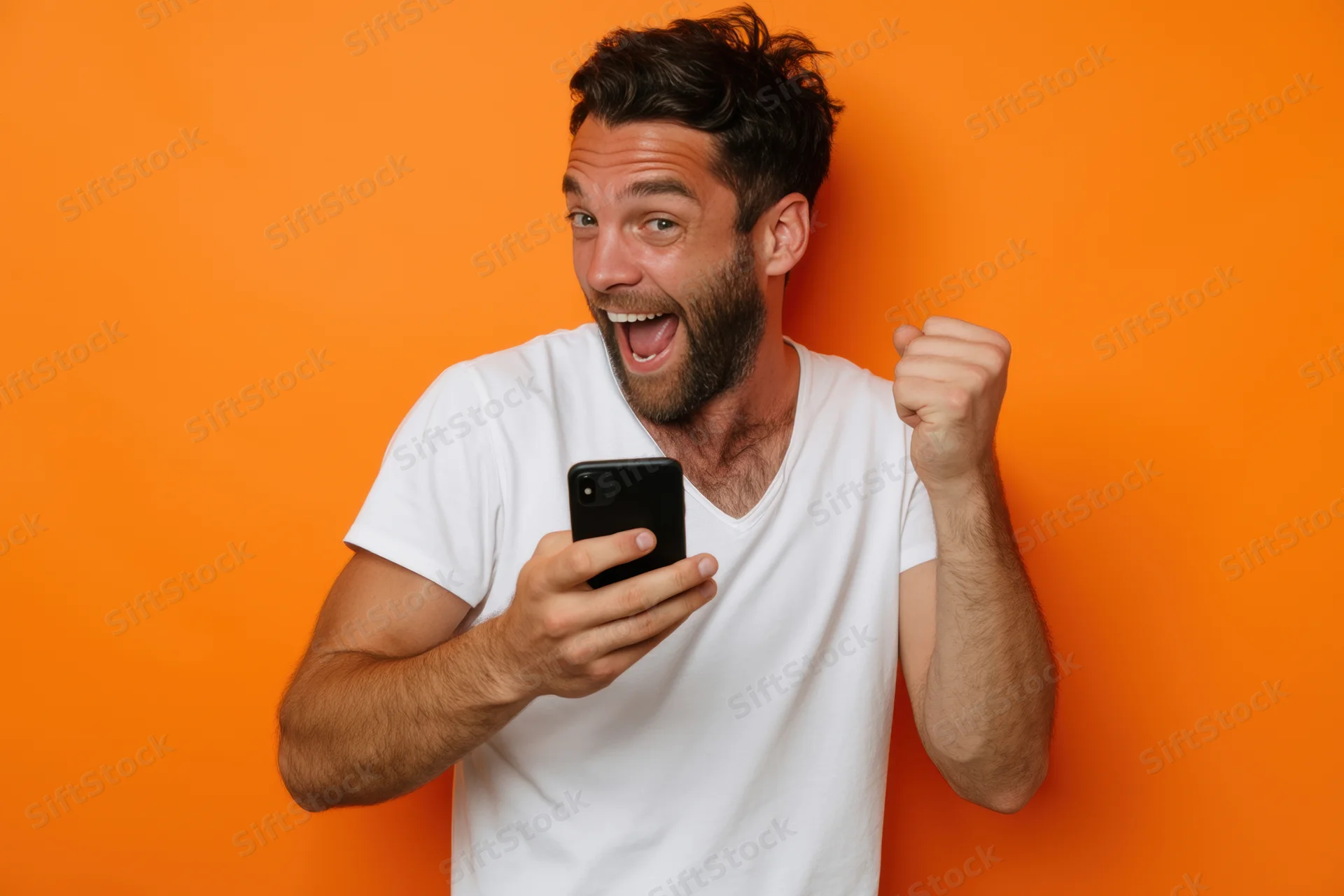 Excited man cheering while holding smartphone against orange background