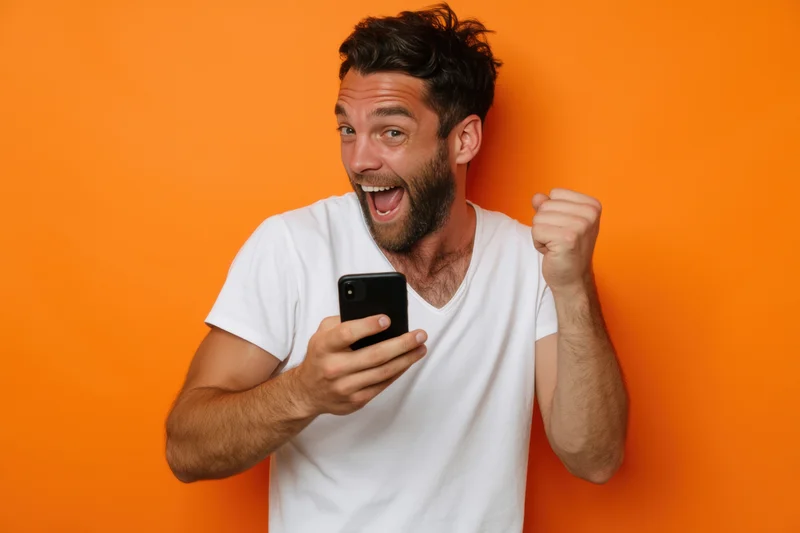 Excited man cheering while holding smartphone against orange background