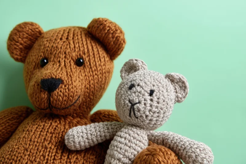 Two knitted teddy bears embracing, one large brown and one small beige, against a mint green background