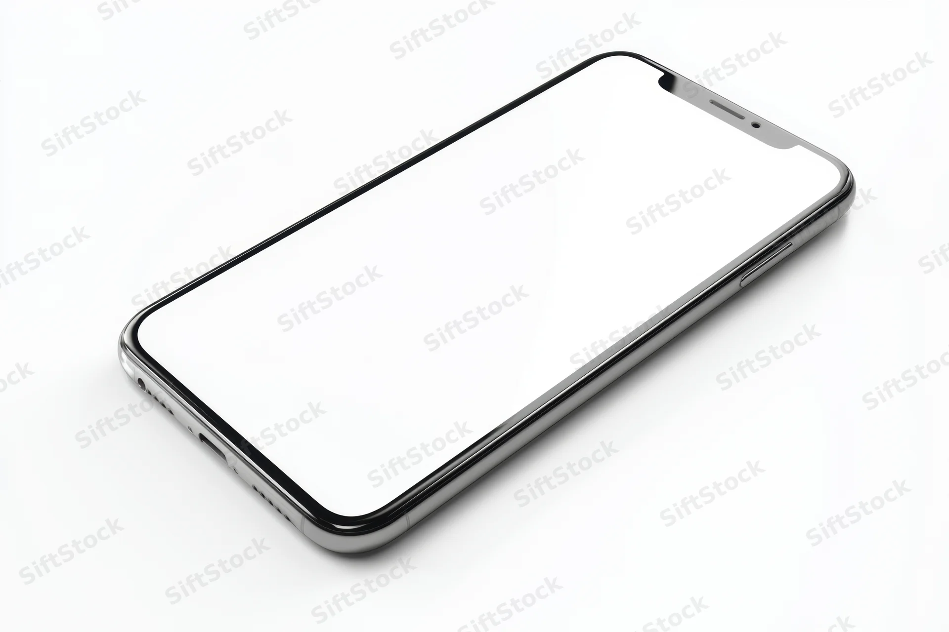 Modern smartphone with blank screen lying on white surface