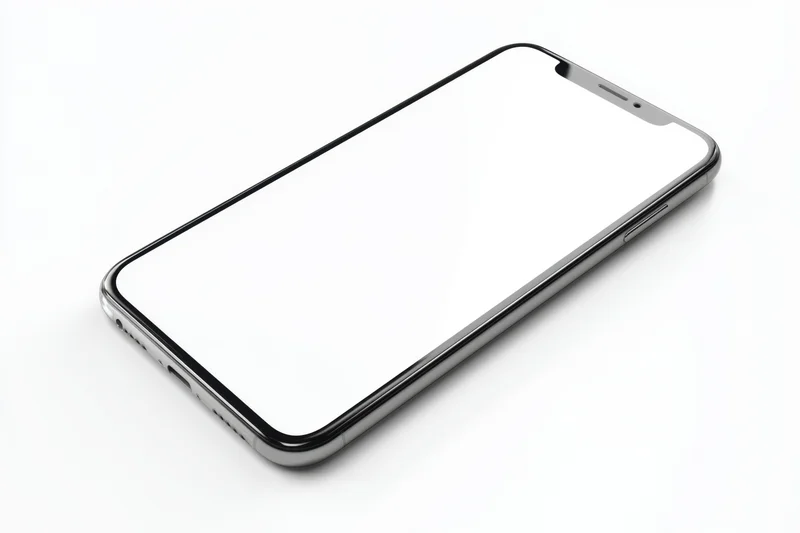 Modern smartphone with blank screen lying on white surface