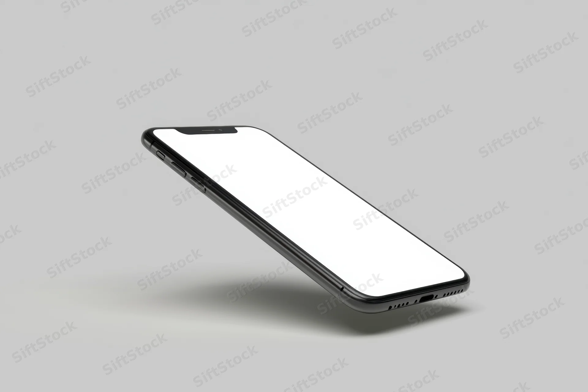 Black smartphone with white screen floating on gray background