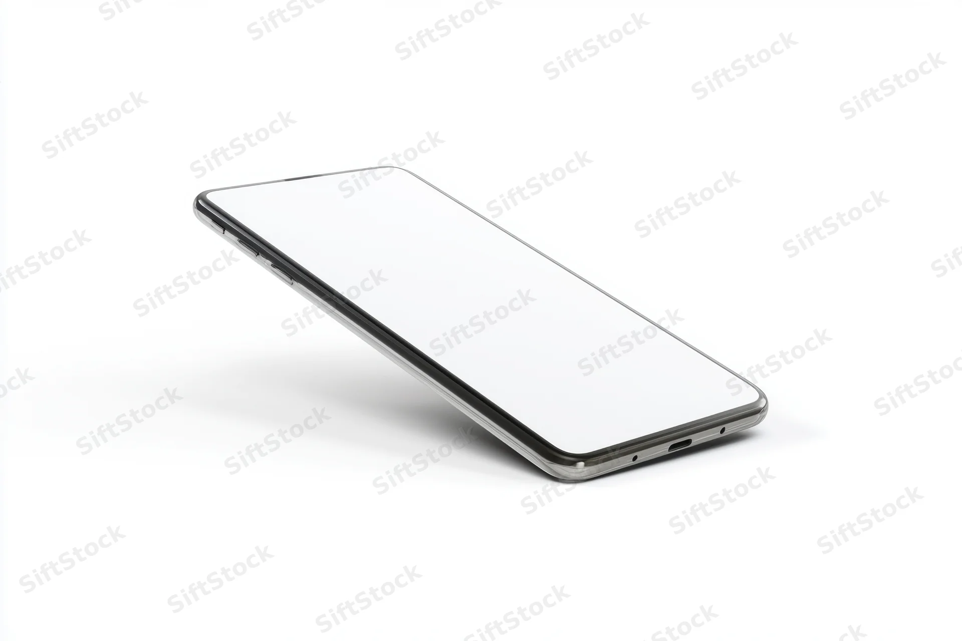 Smartphone lying flat on white surface with blank screen and metallic frame