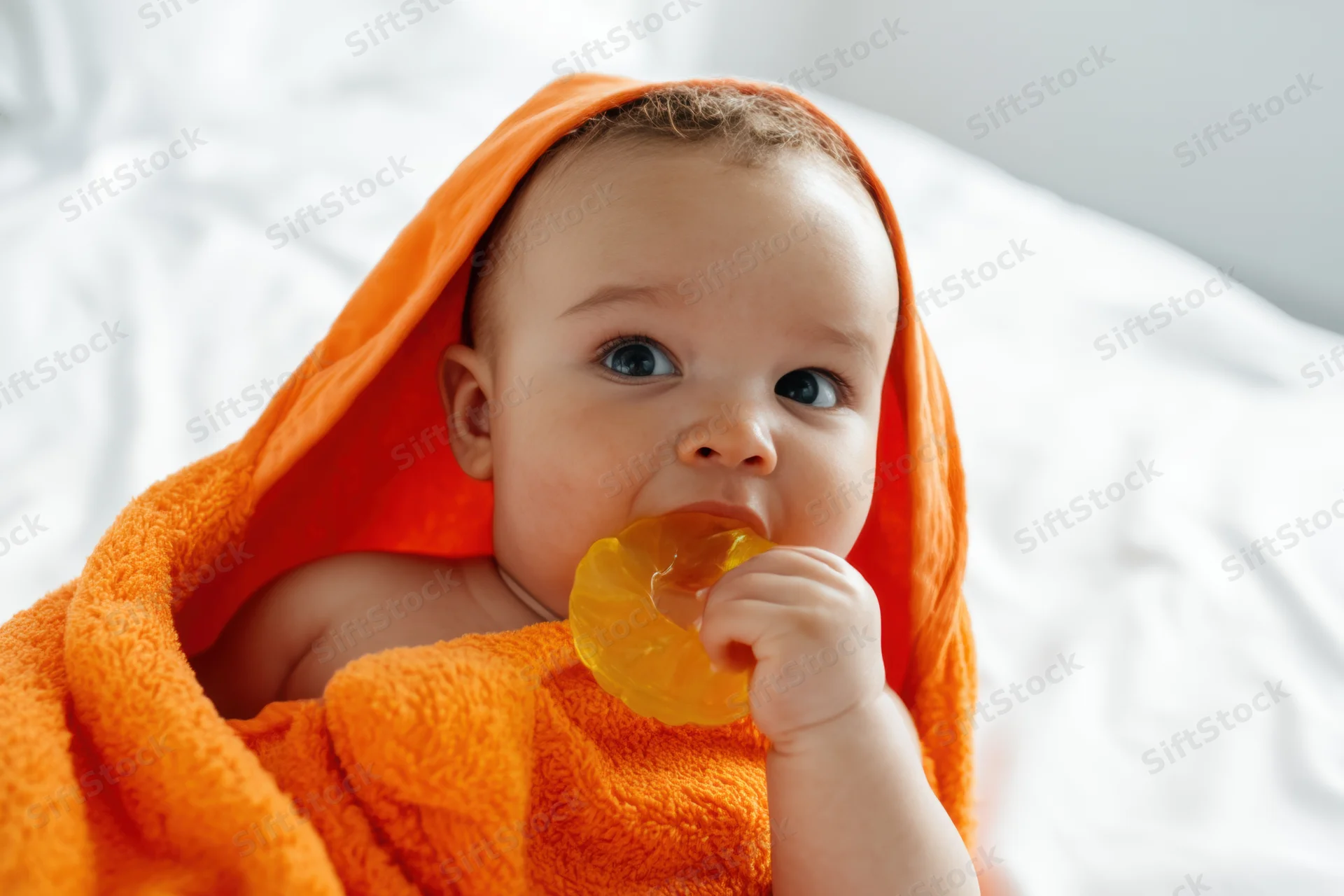 Cheerful infant wrapped in orange hooded towel holding pacifier on white bedding