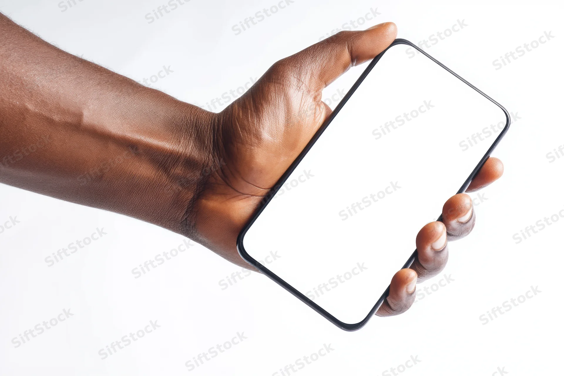 Hand holding a smartphone with blank white screen against white background