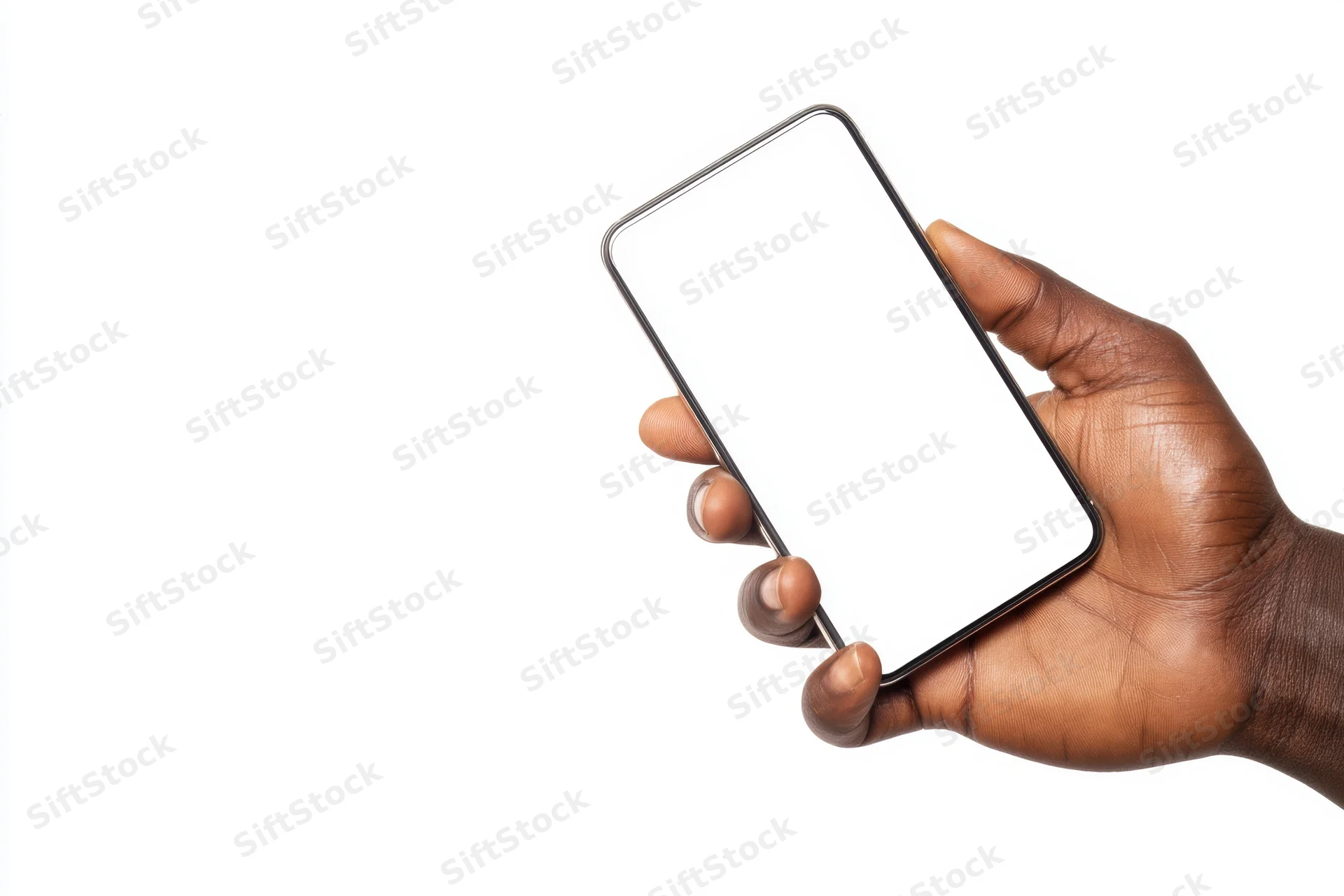 Hand holding a smartphone with blank screen against white background