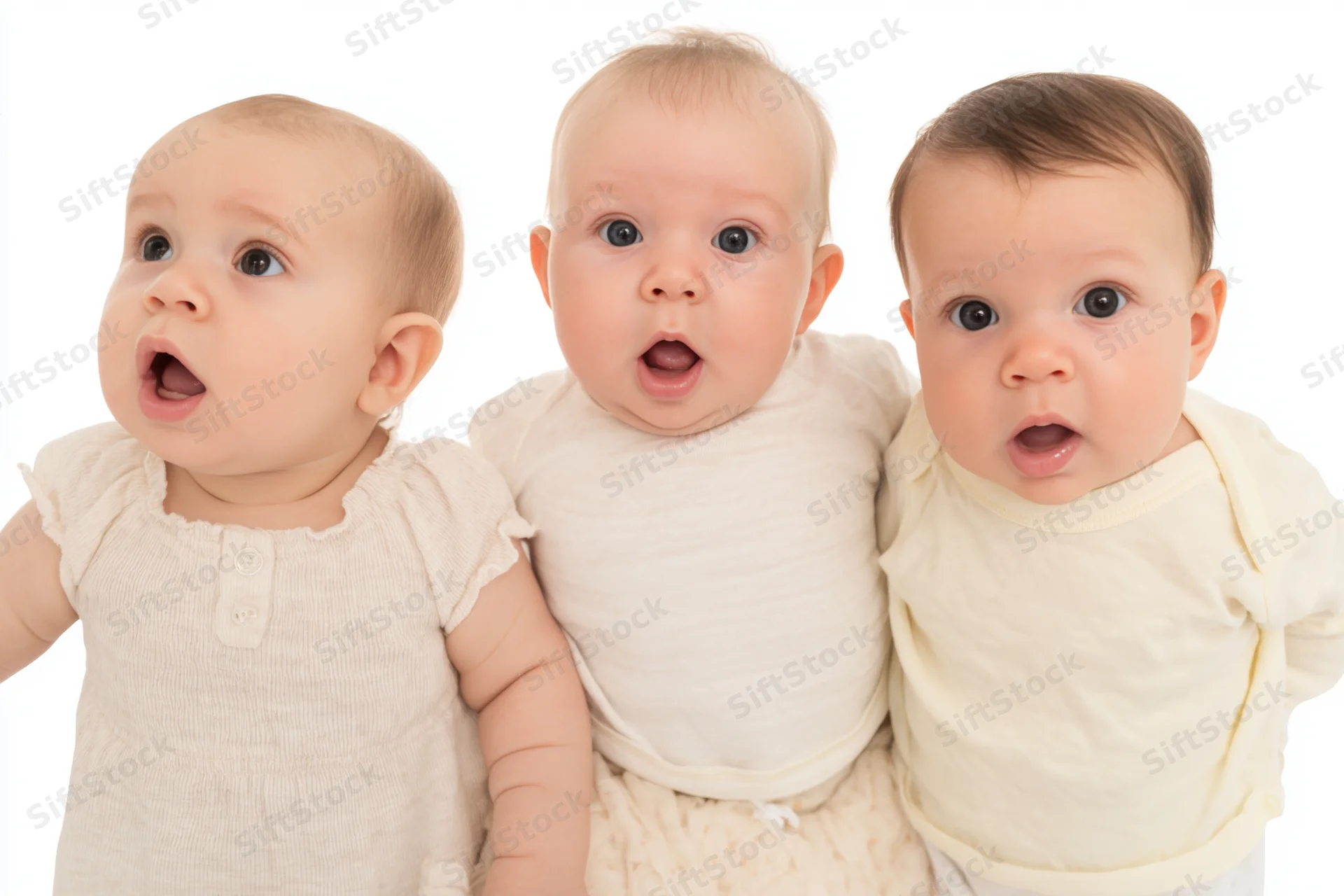 Three babies with wide eyes and open mouths standing side by side in white clothing against a plain white background