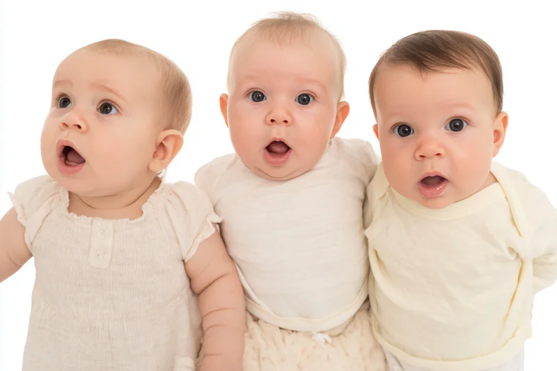 Three babies with wide eyes and open mouths standing side by side in white clothing against a plain white background