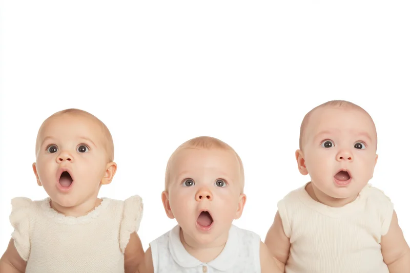 Three babies with wide eyes and open mouths standing side by side against white background