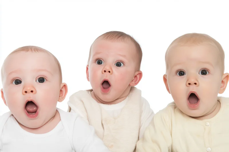 Three babies with wide eyes and open mouths standing side by side against white background