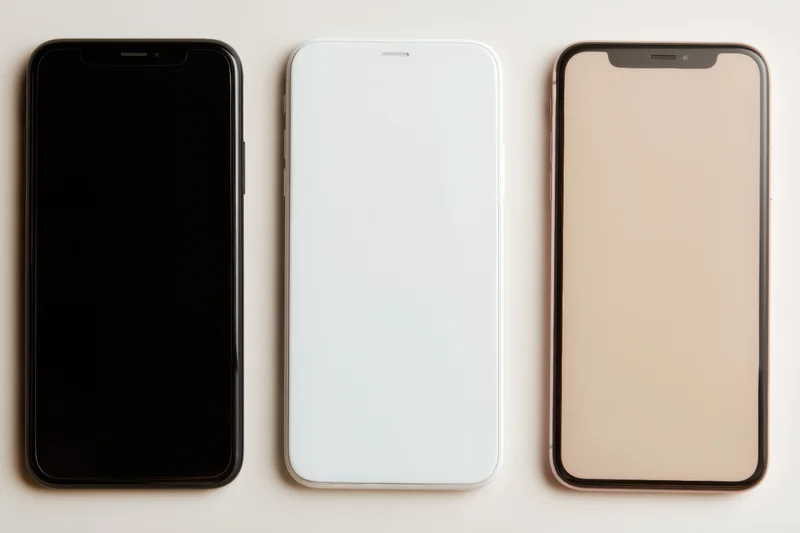 Three smartphones with blank screens arranged side by side on a light surface