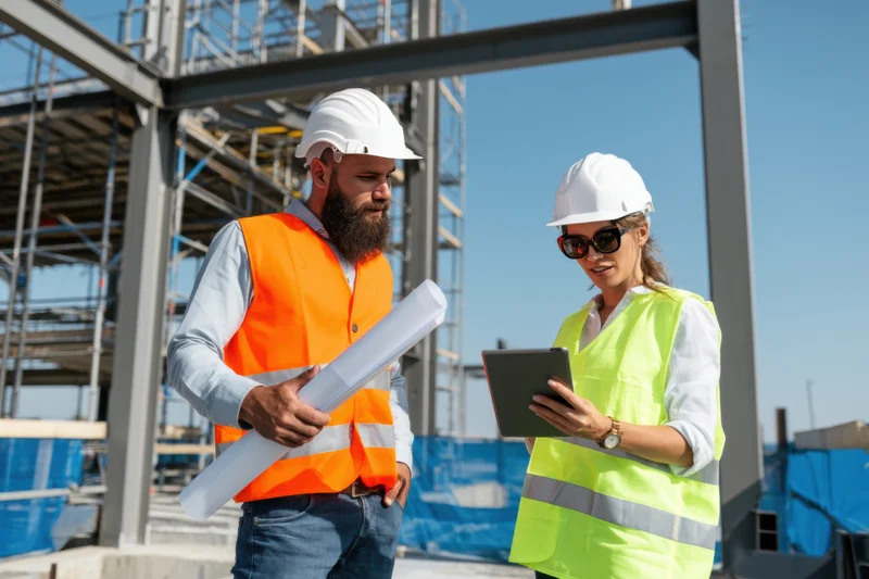 Two construction workers reviewing plans and a tablet on a sunny building site