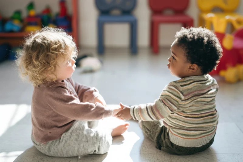 Two toddlers sitting on sunlit floor facing each other holding hands in playroom