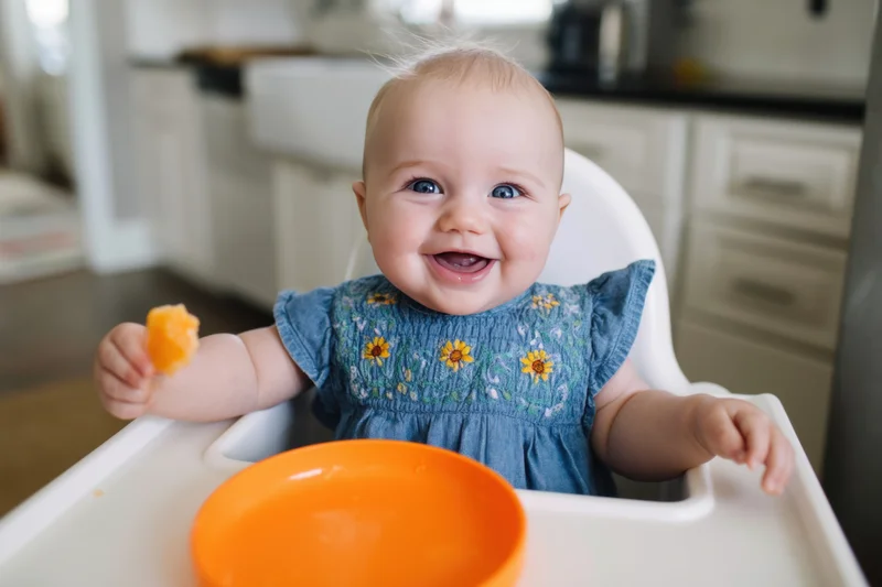 Baby girl smiling in highchair during mealtime in kitchen