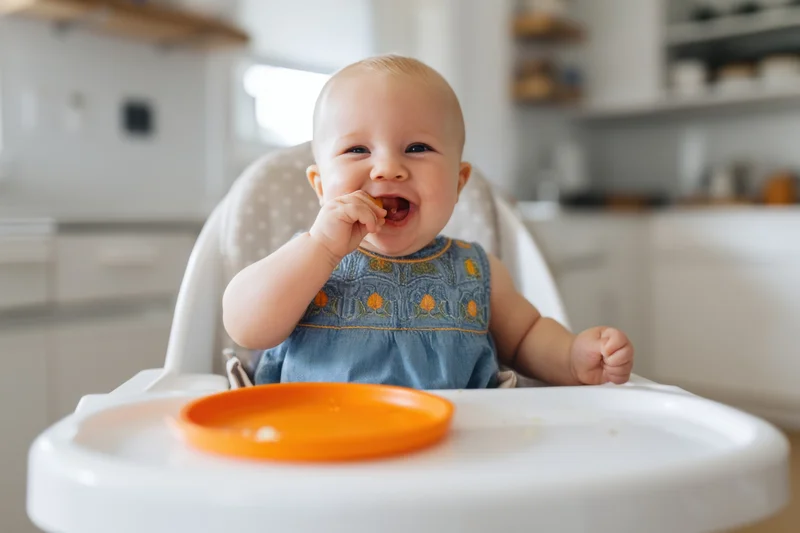 Baby girl eating food in highchair at kitchen table smiling with hand in mouth