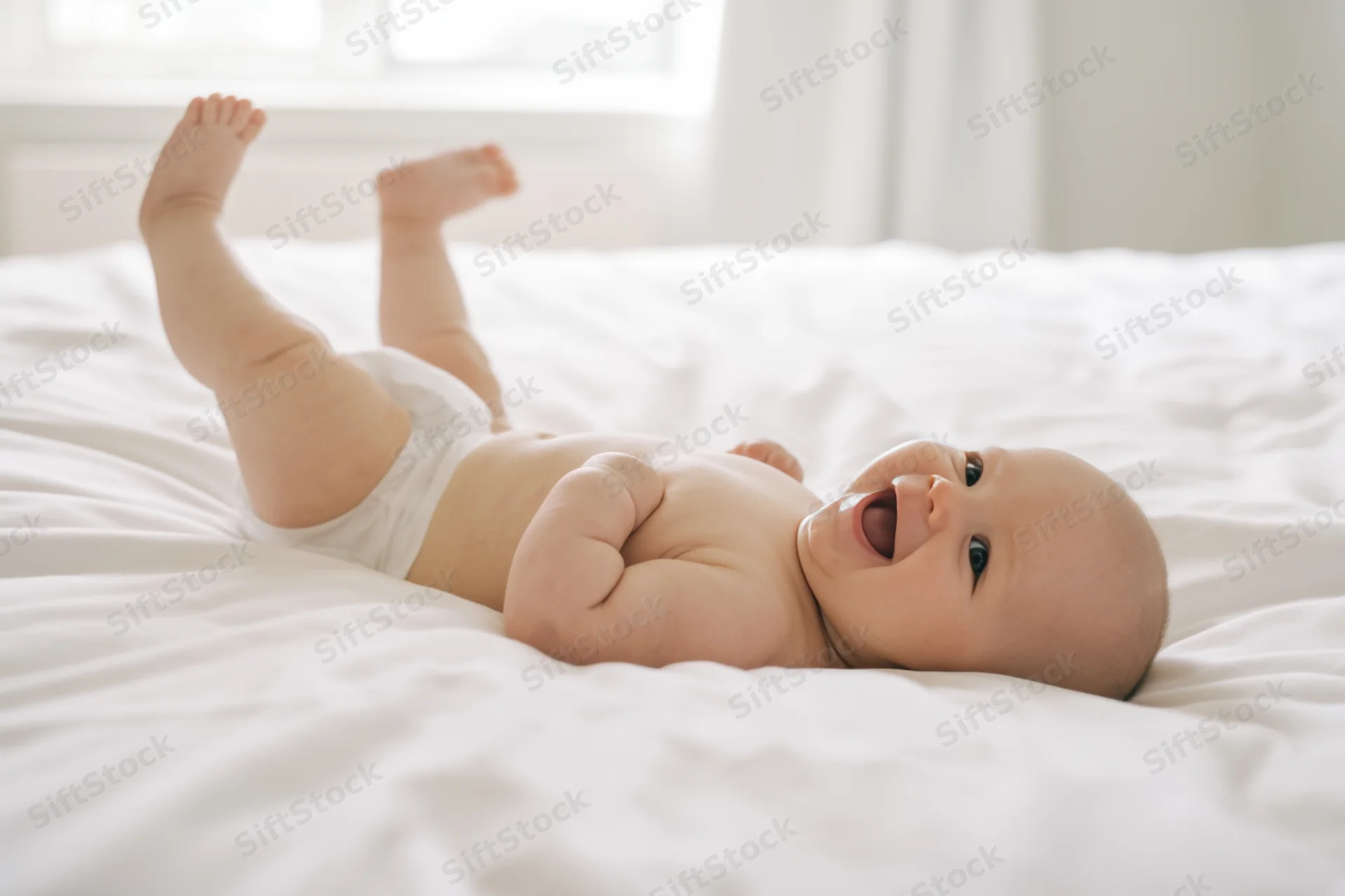 Baby lying on white bed laughing with legs raised