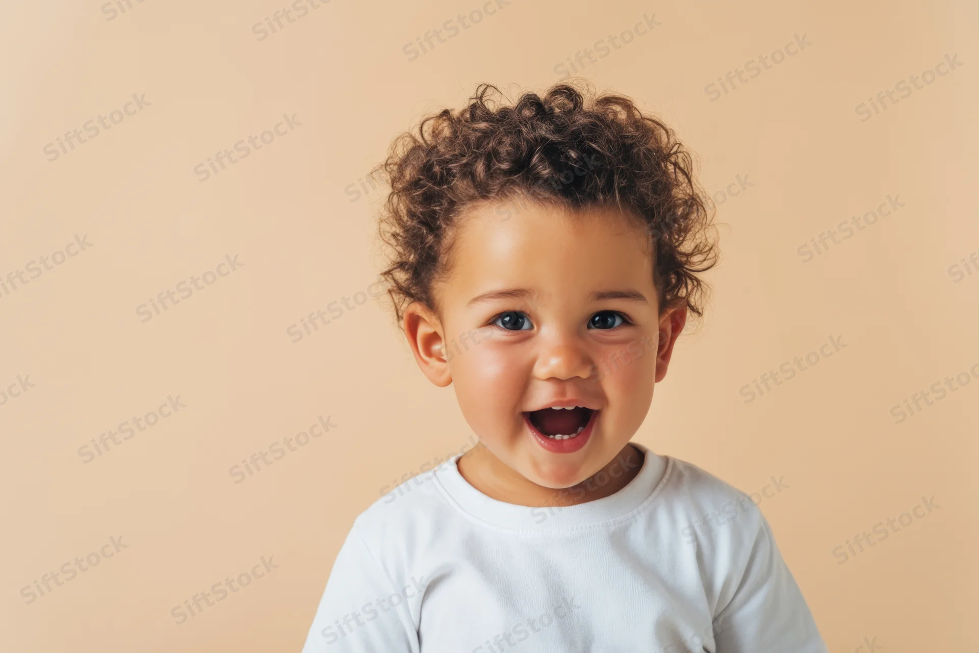 Cheerful toddler with curly hair wearing a plain white t-shirt in a studio portrait against a beige background