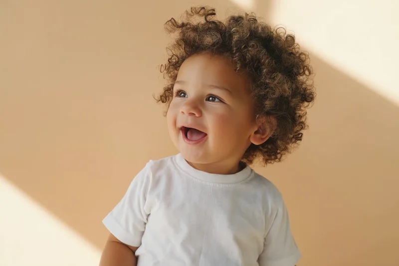 Toddler with curly hair laughing while wearing a plain white t-shirt indoors near a sunlit wall