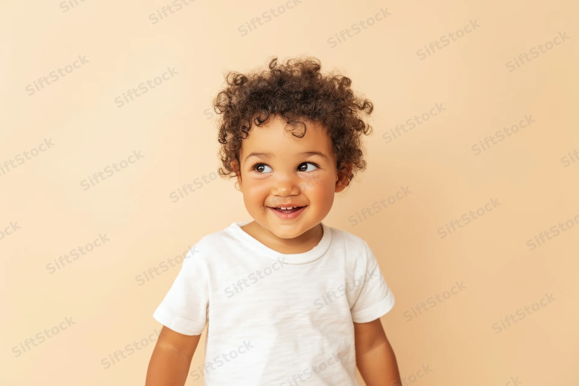 Cheerful toddler with curly hair smiling while wearing a plain white t-shirt against a beige background