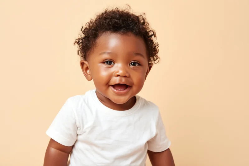 Cheerful toddler with curly hair wearing a white t-shirt in a studio setting