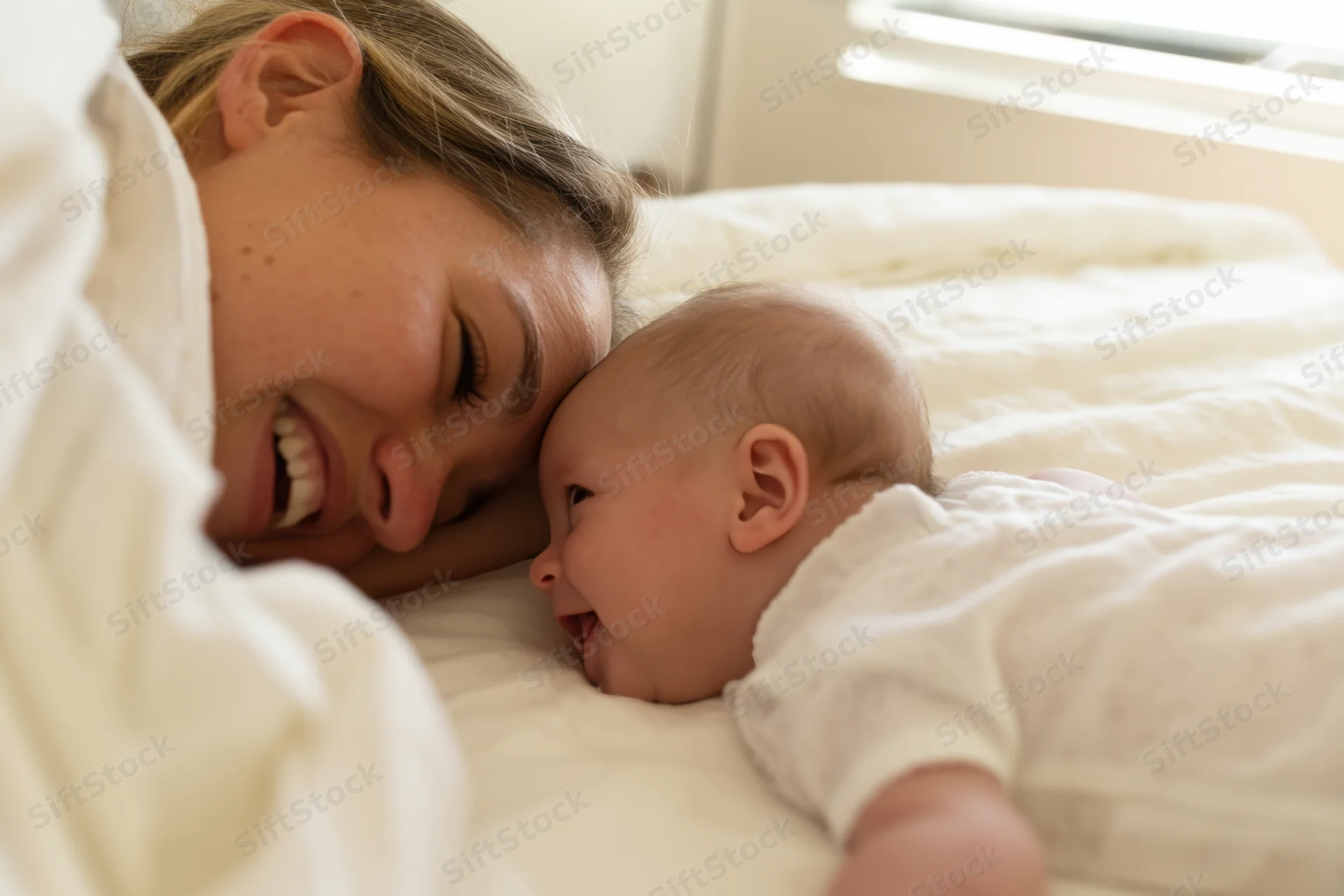 Mother and baby lying on a soft bed laughing together