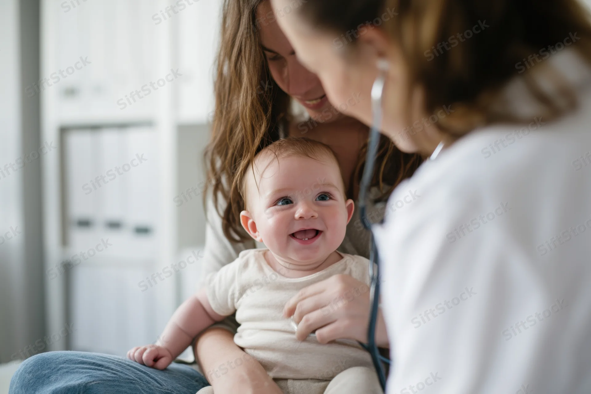 Nurse examining smiling baby with stethoscope during checkup with mother present