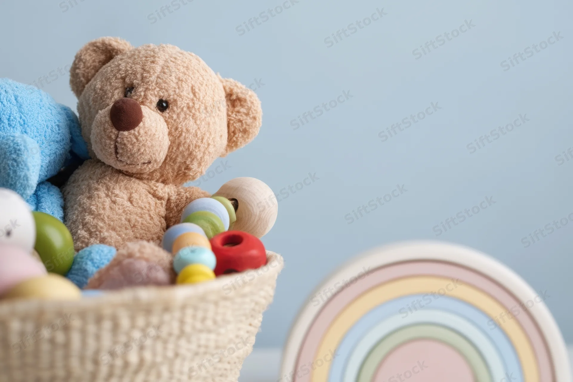 Woven basket filled with plush toys and wooden beads in a pastel nursery setting