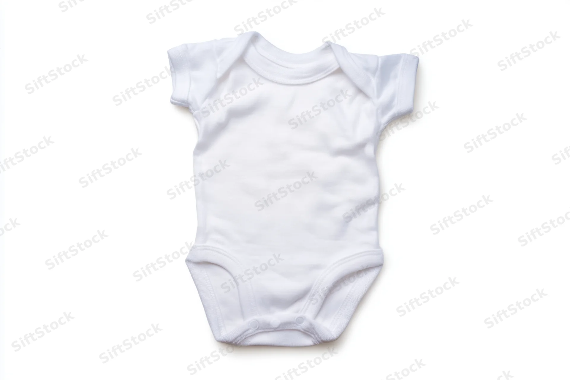 White baby onesie with short sleeves and snap closure laid flat on white background