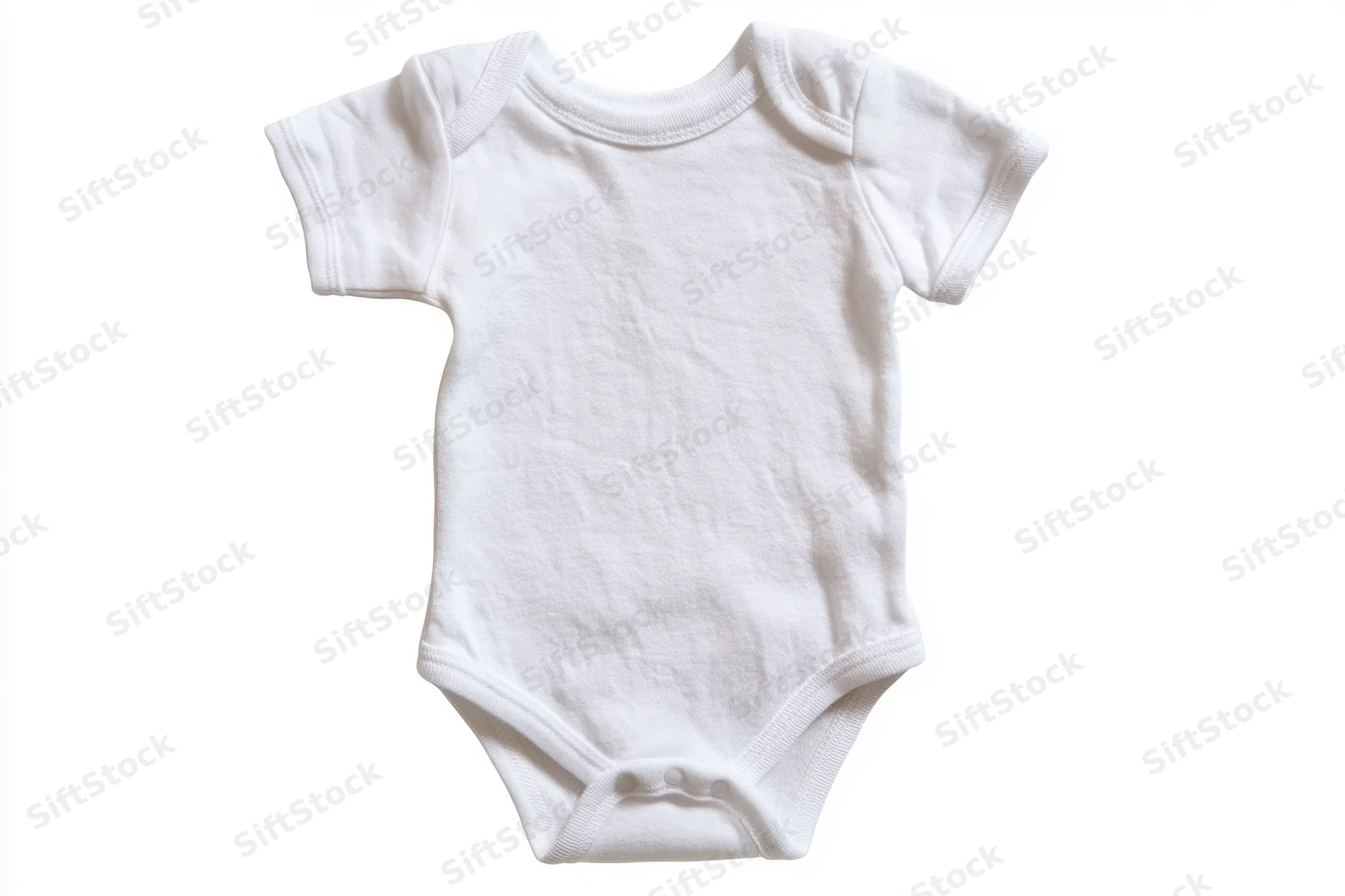 Plain white baby onesie with short sleeves and snap closure laid flat on white background
