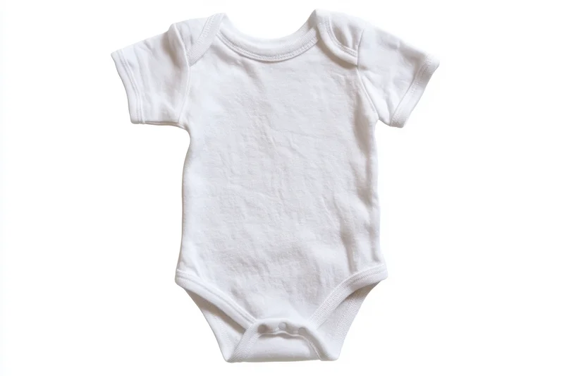 Plain white baby onesie with short sleeves and snap closure laid flat on white background