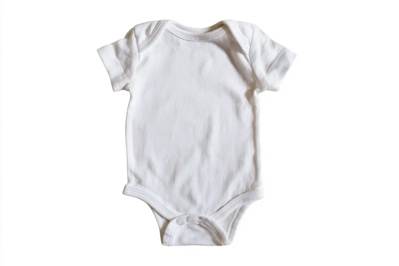 Plain white baby onesie with short sleeves and snap closure laid flat on white background