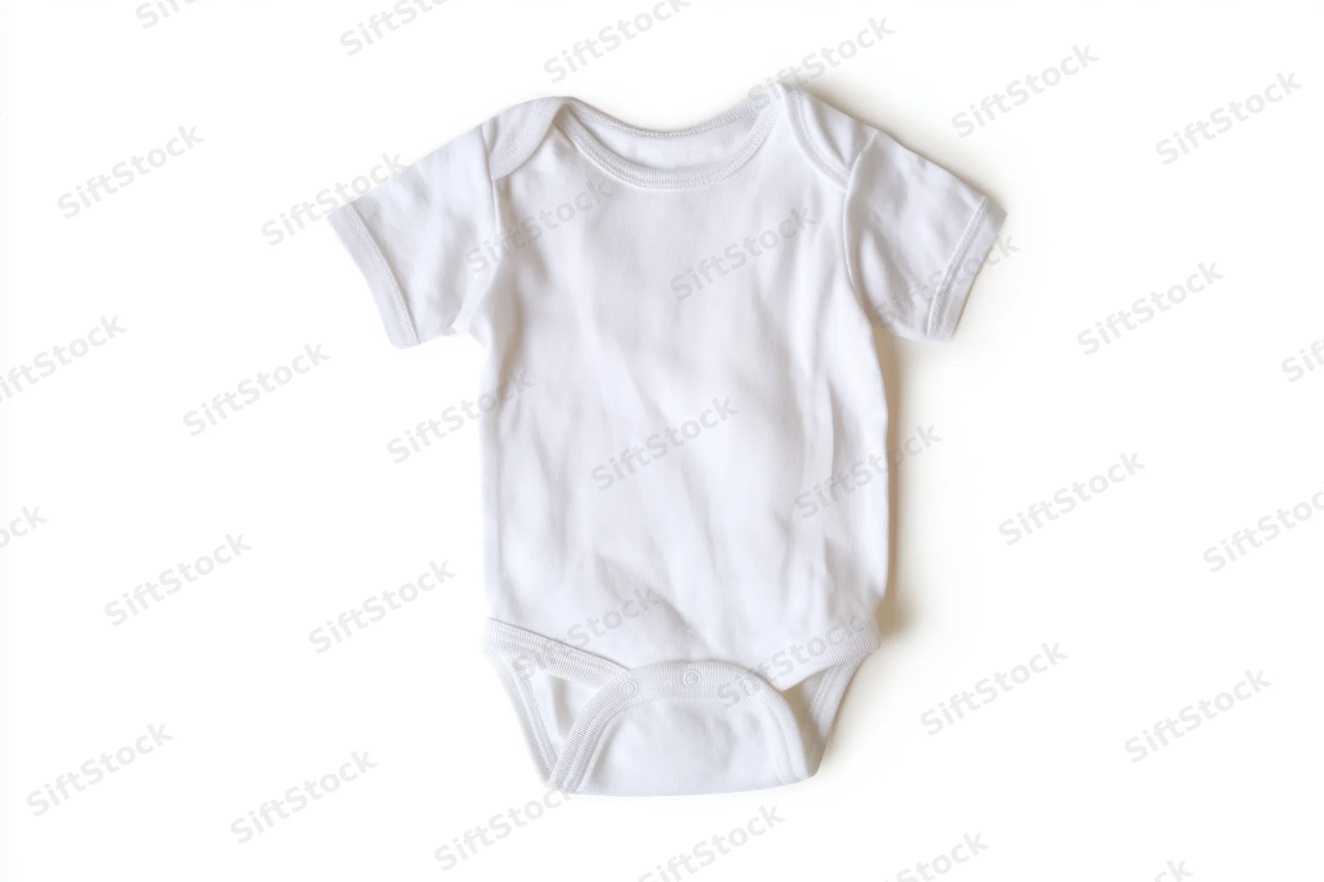 White baby onesie with short sleeves and snap closure laid flat on white background