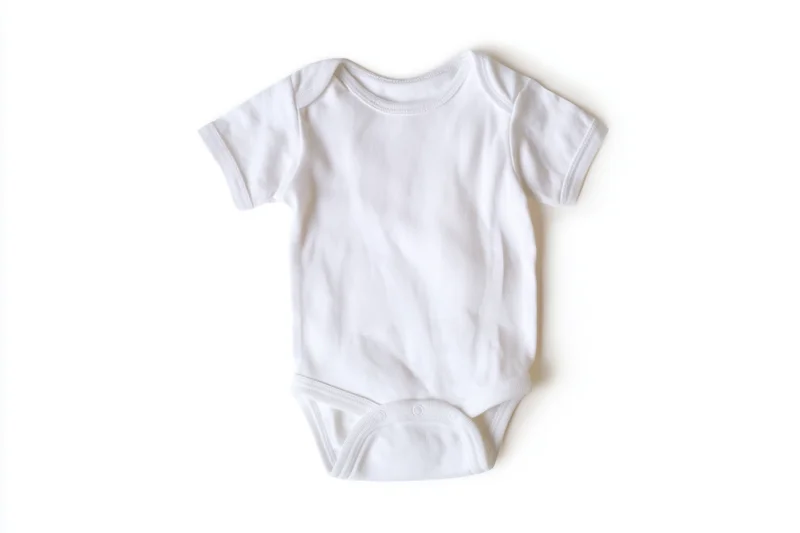 White baby onesie with short sleeves and snap closure laid flat on white background
