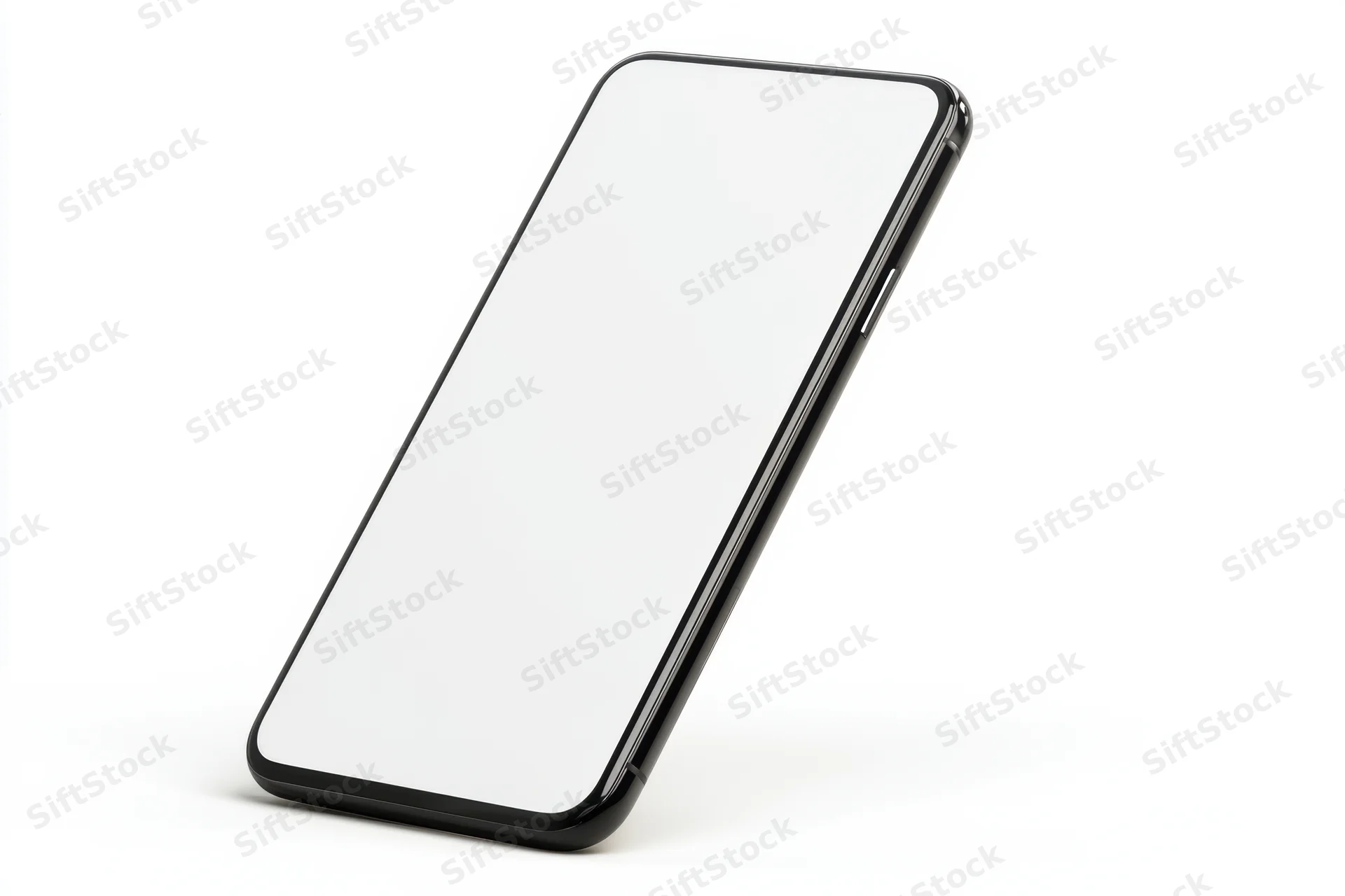 Sleek smartphone with blank white screen angled on white surface