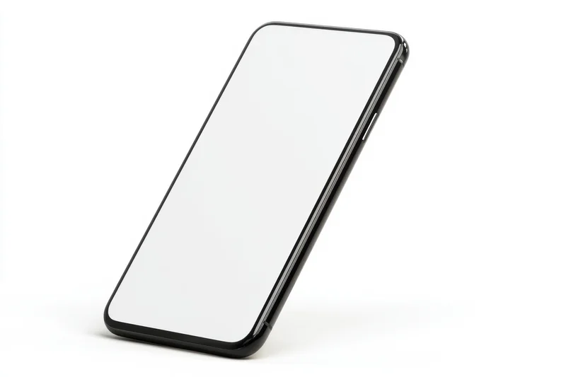 Sleek smartphone with blank white screen angled on white surface