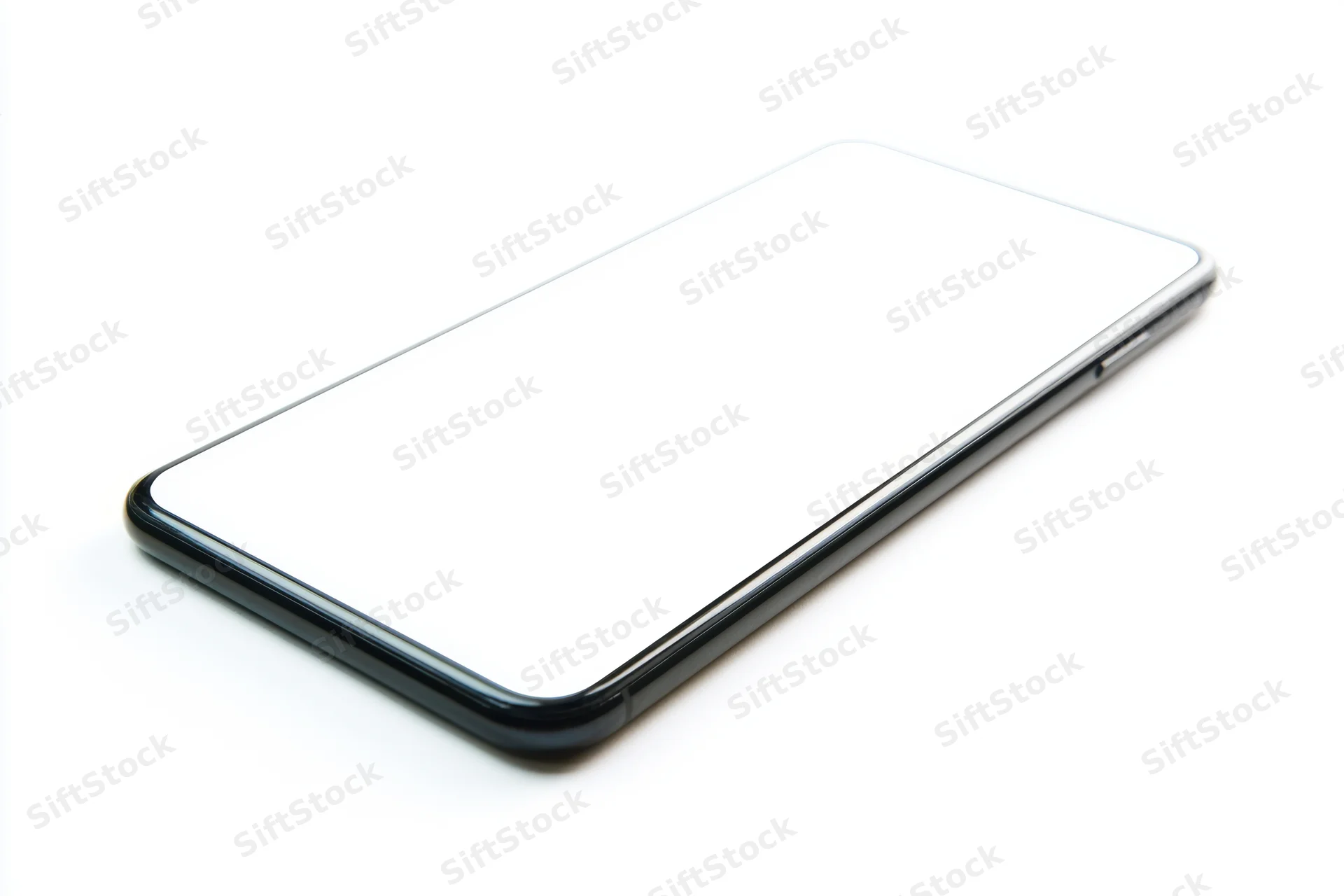 Sleek smartphone with blank white screen angled diagonally on white background