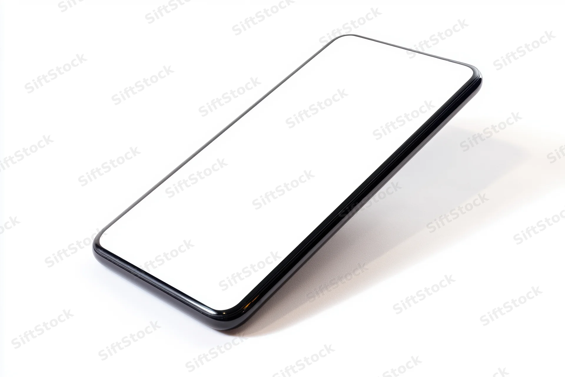 Sleek smartphone with blank white screen angled on white surface