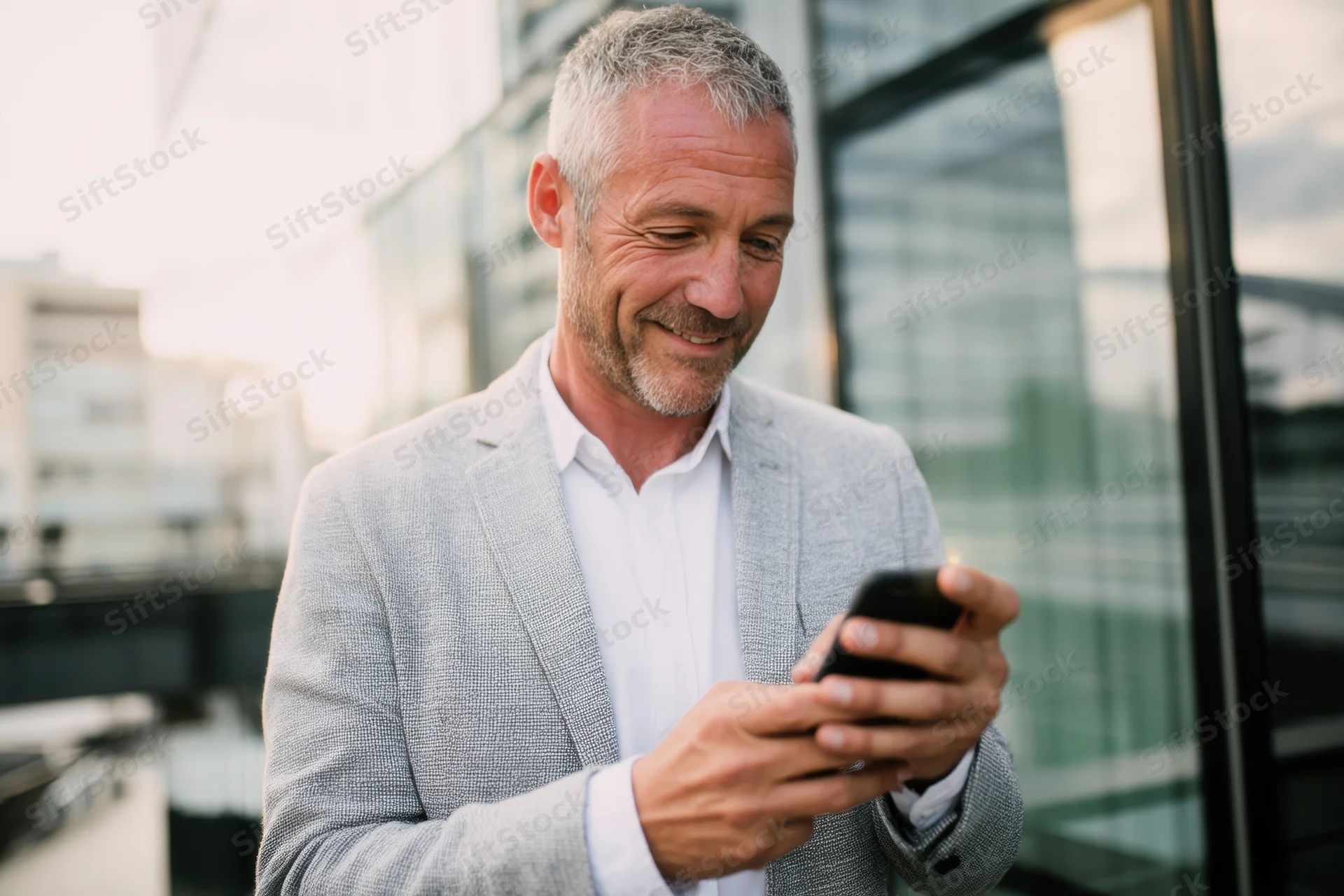 Smiling man in grey blazer and white shirt using smartphone outdoors near modern glass building