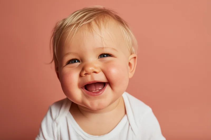 Smiling toddler with blonde hair in white onesie against peach background