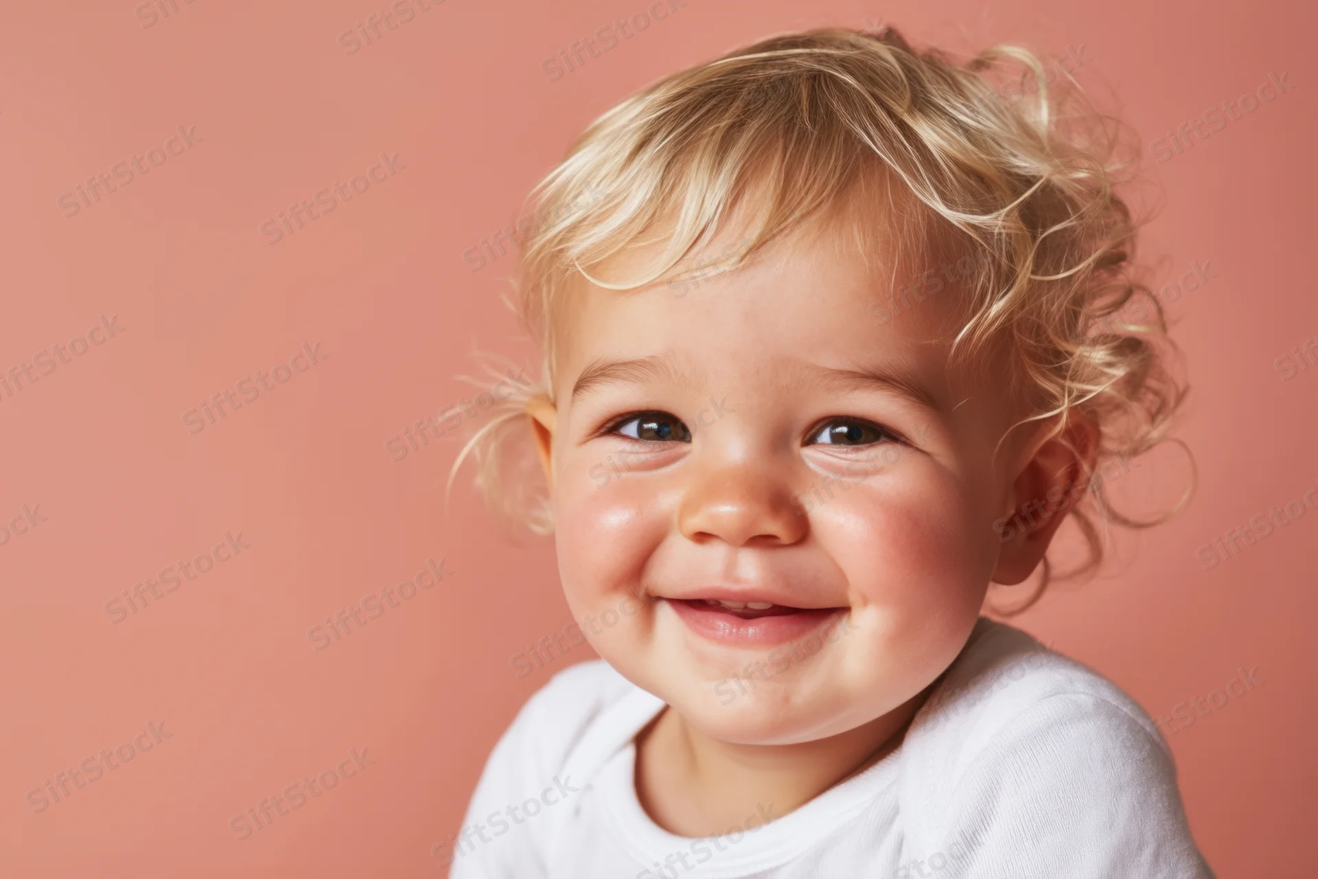 Smiling toddler with blonde curly hair in white onesie against pink background