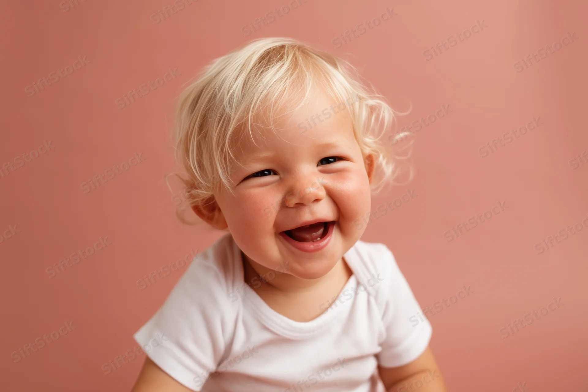 Smiling toddler with blonde hair in white onesie against pink background