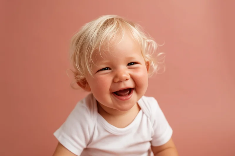 Smiling toddler with blonde hair in white onesie against pink background