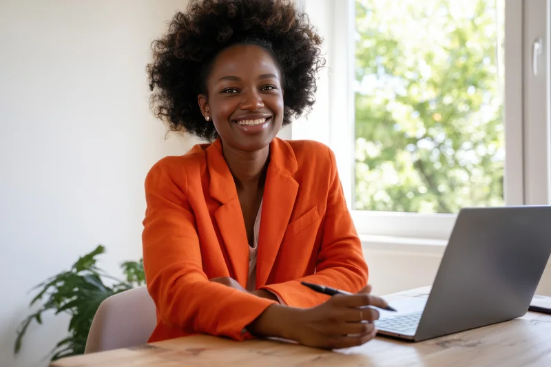 Smiling woman in orange jacket sitting at desk with laptop in office setting